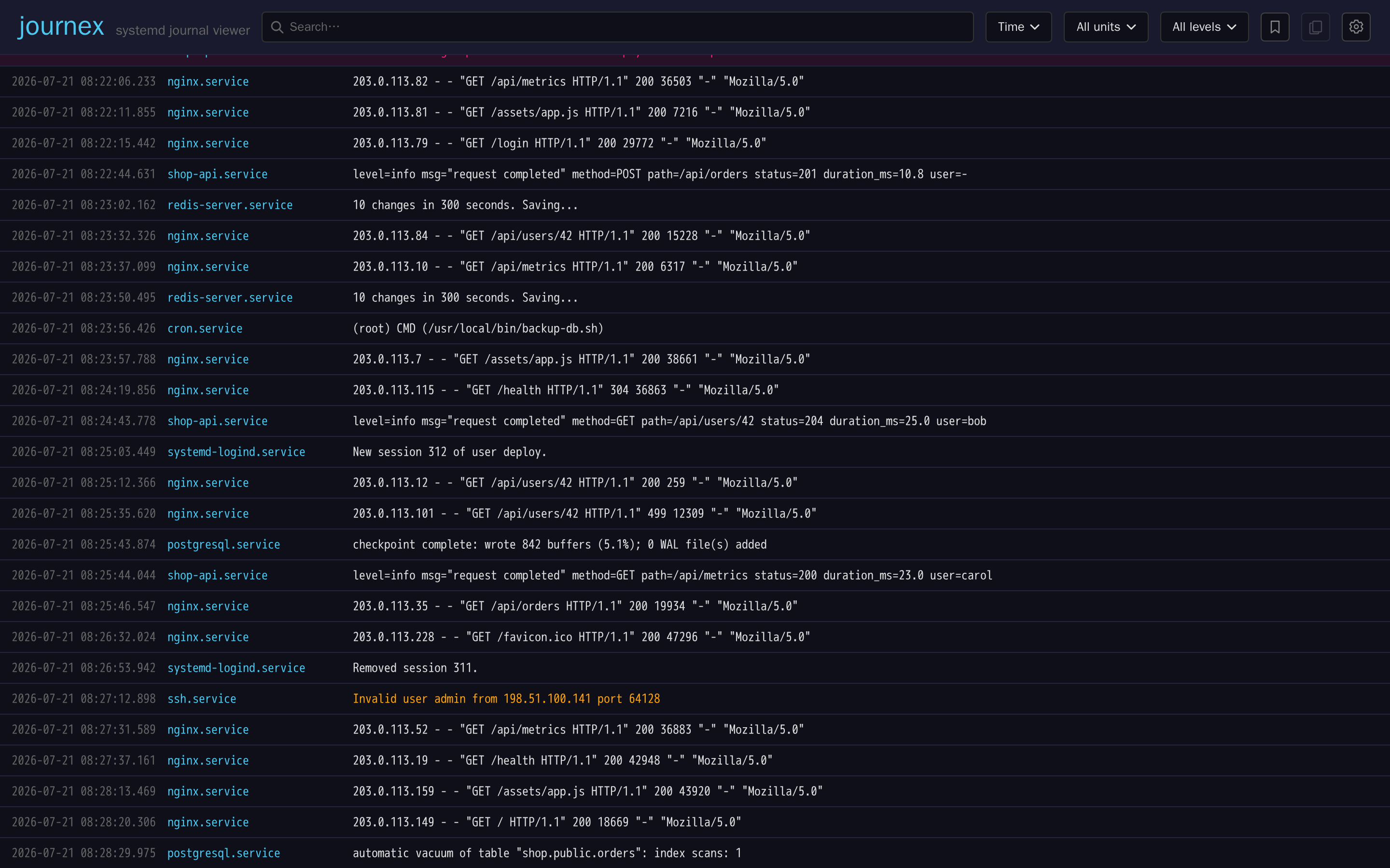 journex main view streaming live journal entries