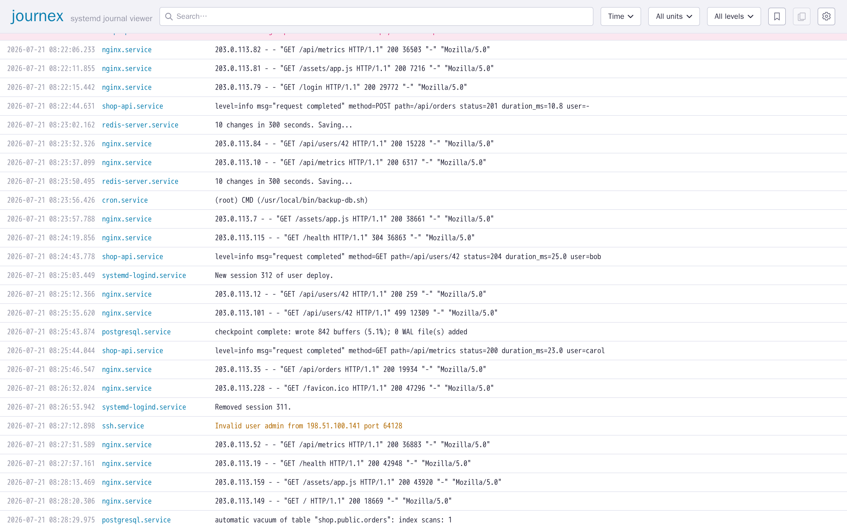 journex main view streaming live journal entries